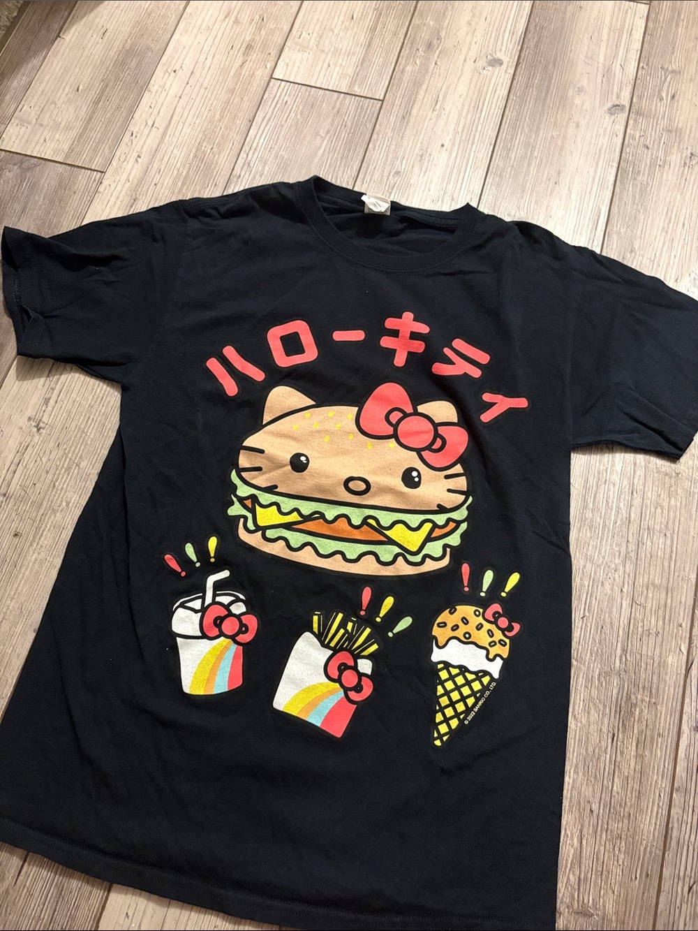 Women’s small Hello Kitty burger Black Tee with Rainbow Snack Graphic